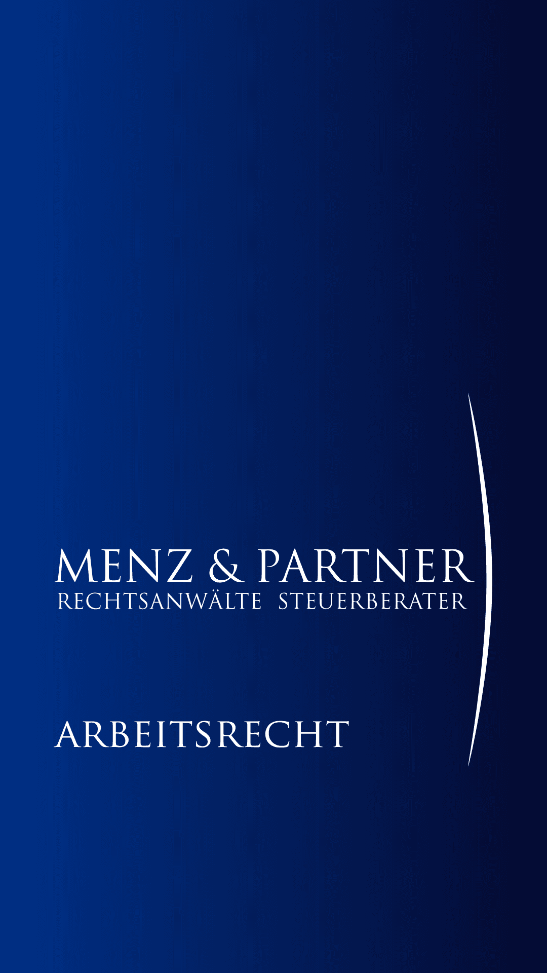 Logo der Kanzlei Menz und Partner auf blauem Hintergrund und Schrift: Arbeitsrecht