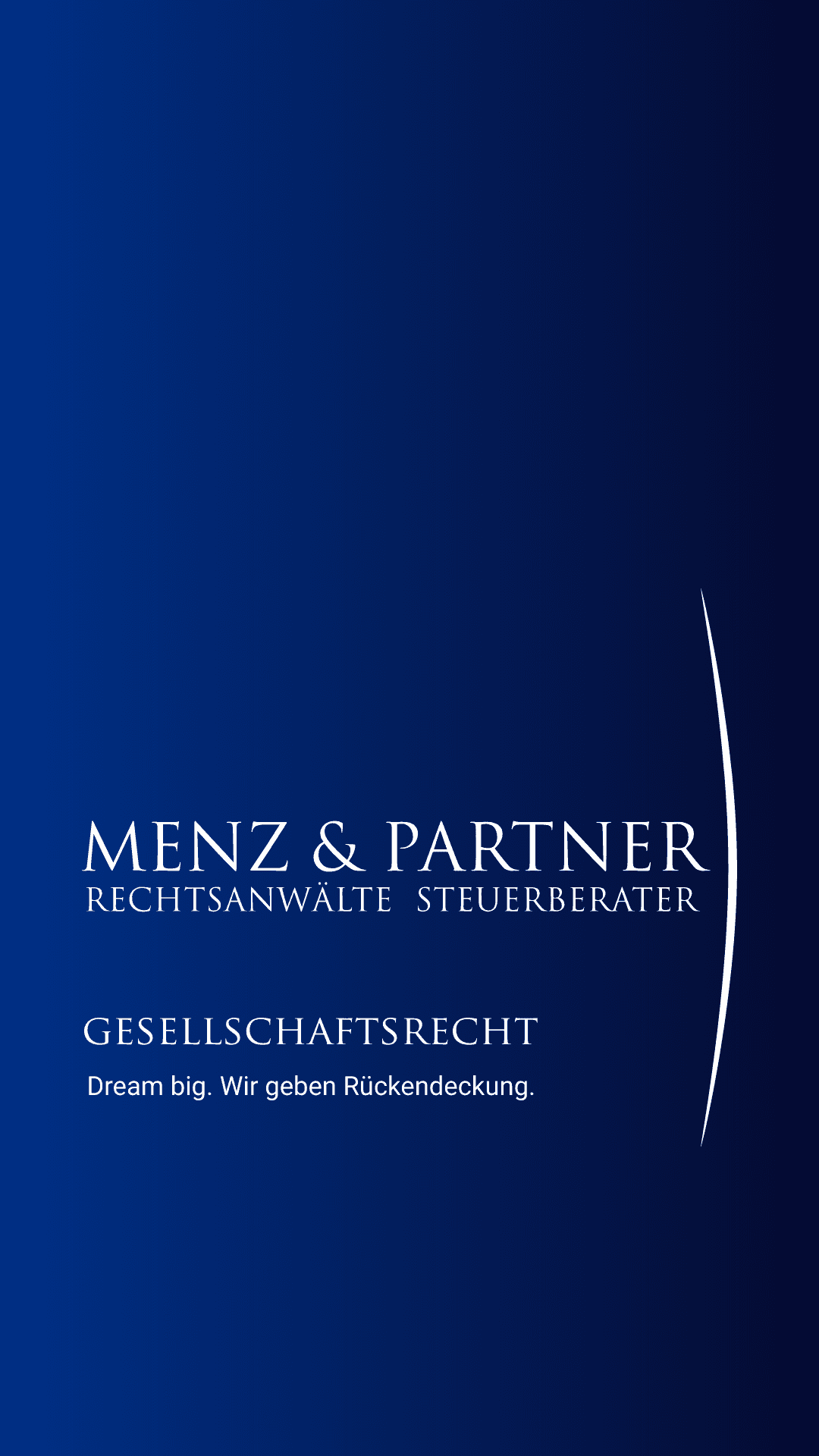 Logo der Kanzlei Menz und Partner auf blauem Hintergrund und Schrift: Gesellschaftsrecht