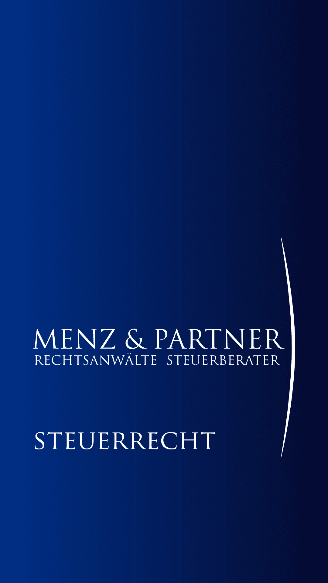 Logo der Kanzlei Menz und Partner auf blauem Hintergrund und Schrift: Steuerrecht