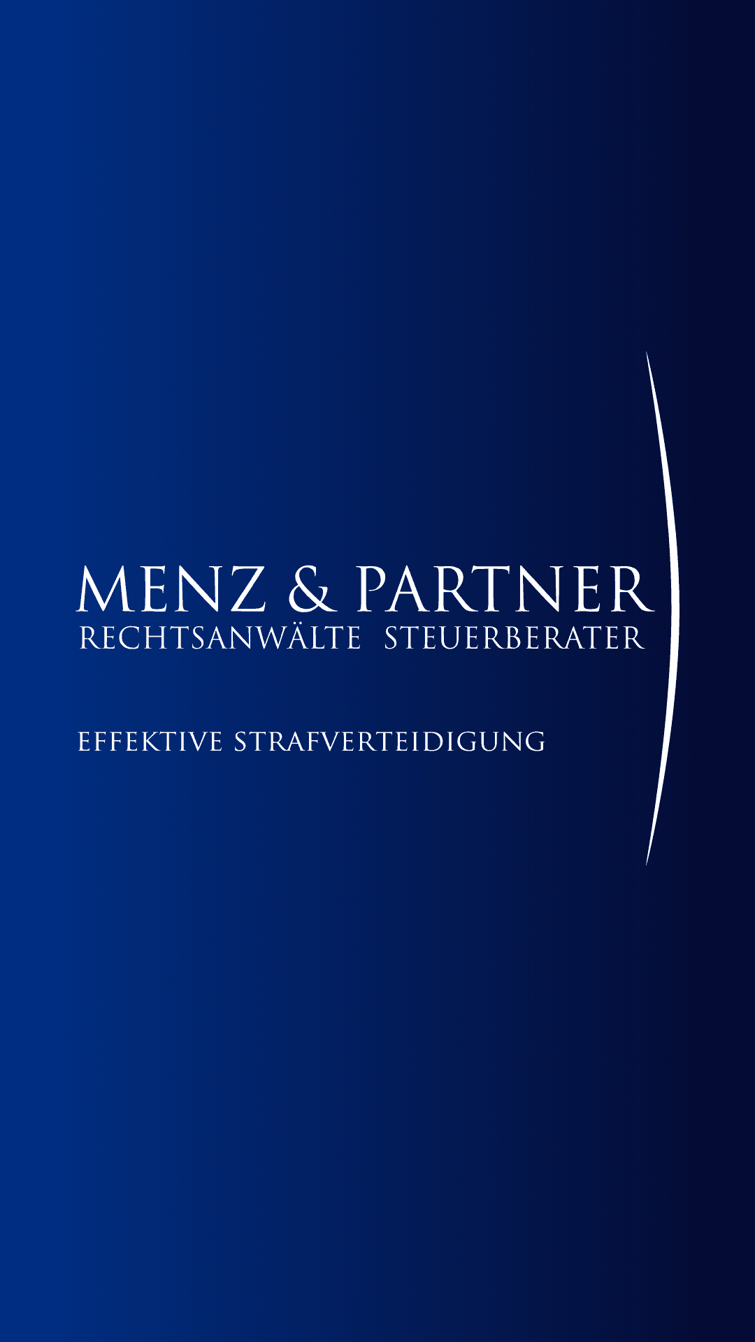 Logo der Kanzlei Menz und Partner auf blauem Hintergrund und Schrift: Effektive Strafverteidigung