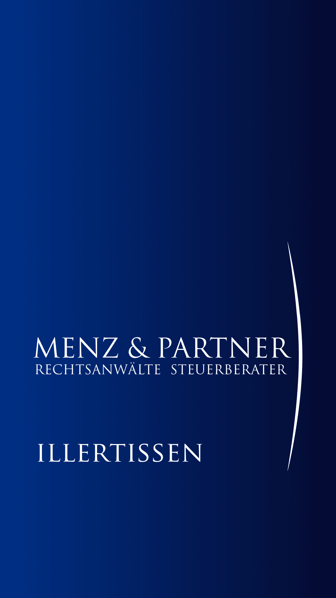 Logo der Kanzlei Menz und Partner auf blauem Hintergrund und Schrift: Illertissen