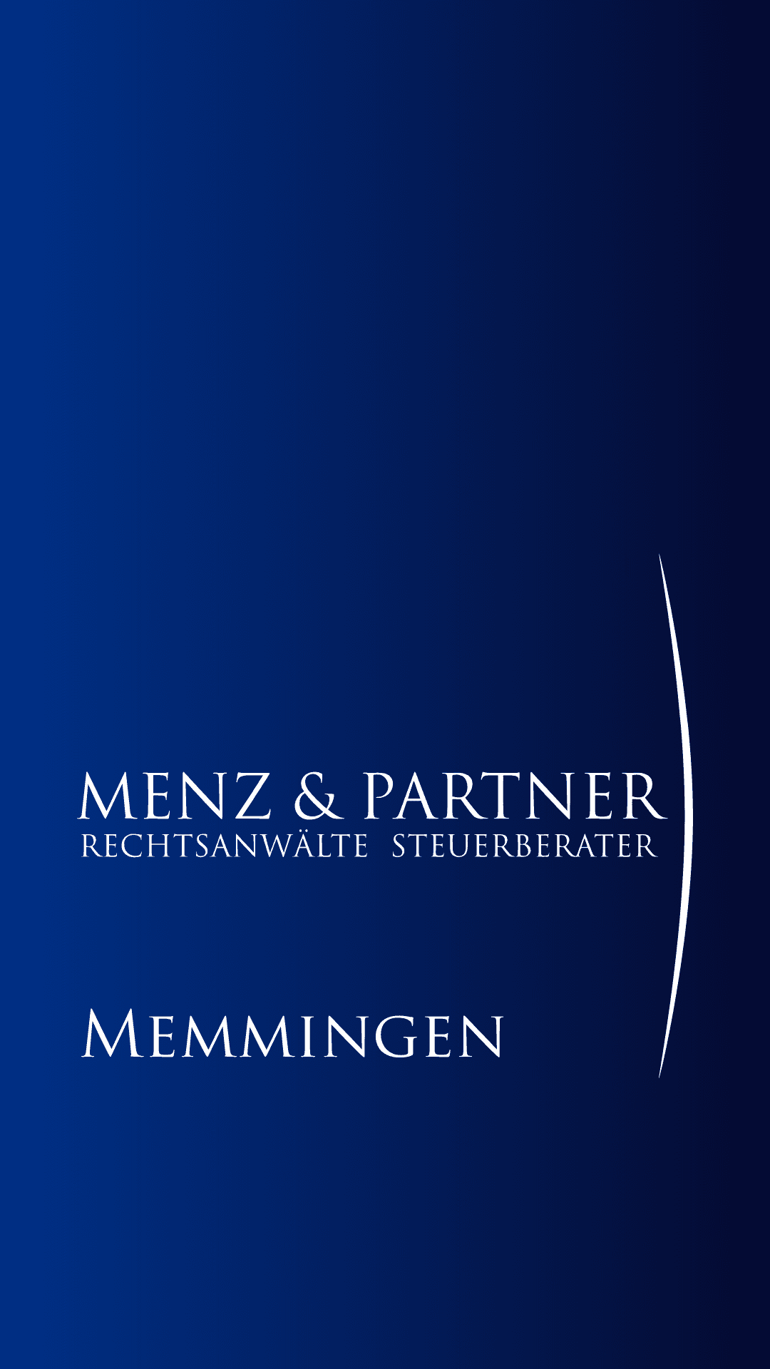 Logo der Kanzlei Menz und Partner auf blauem Hintergrund und Schrift: Memmingen
