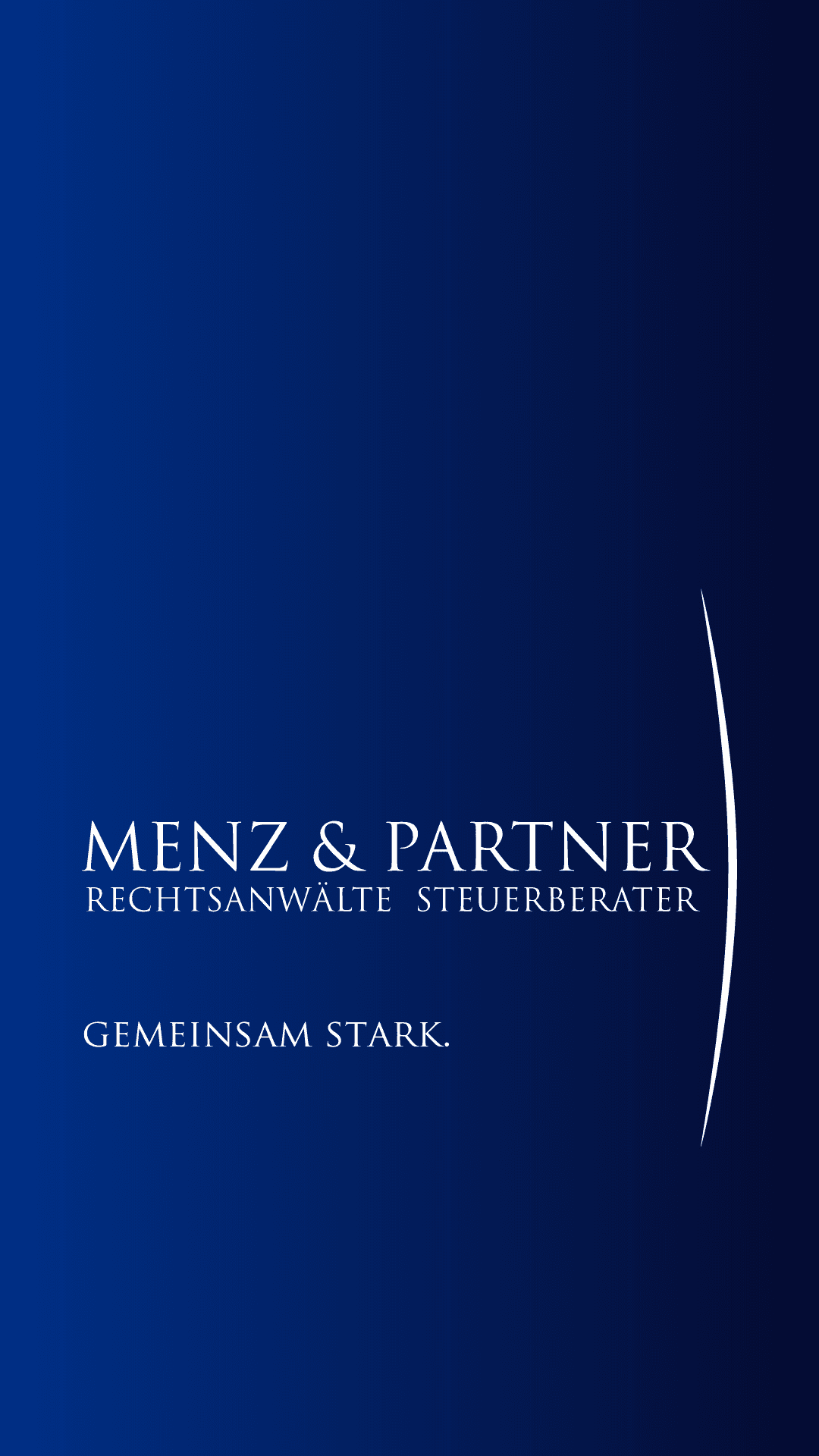 Logo der Kanzlei Menz und Partner auf blauem Hintergrund mit Kanzleimotto "gemeinsam stark"