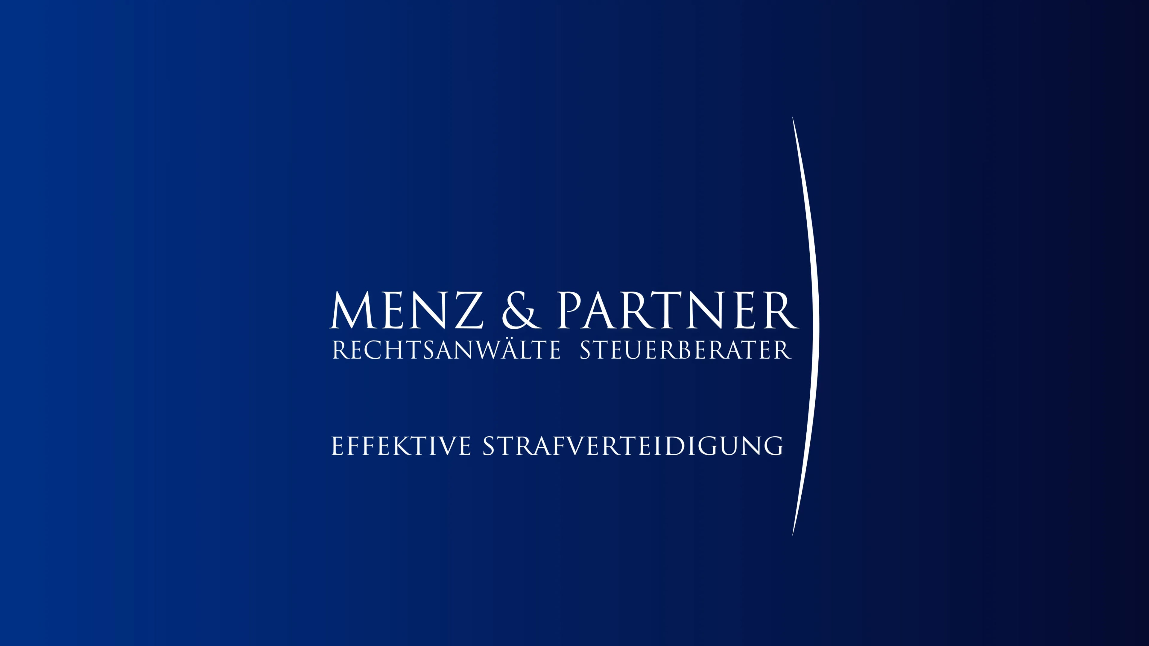 Logo der Kanzlei Menz und Partner auf blauem Hintergrund und Schrift: Effektive Strafverteidigung