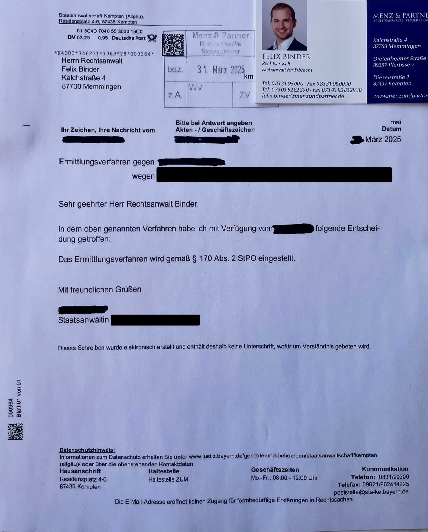 Einstellungsverfügung der Staatsanwaltschaft 