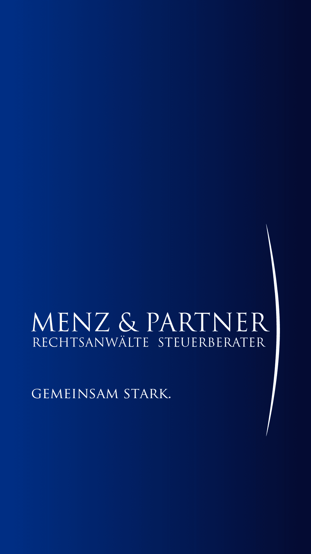 Logo der Kanzlei Menz und Partner auf blauem Hintergrund mit Kanzleimotto "gemeinsam stark"