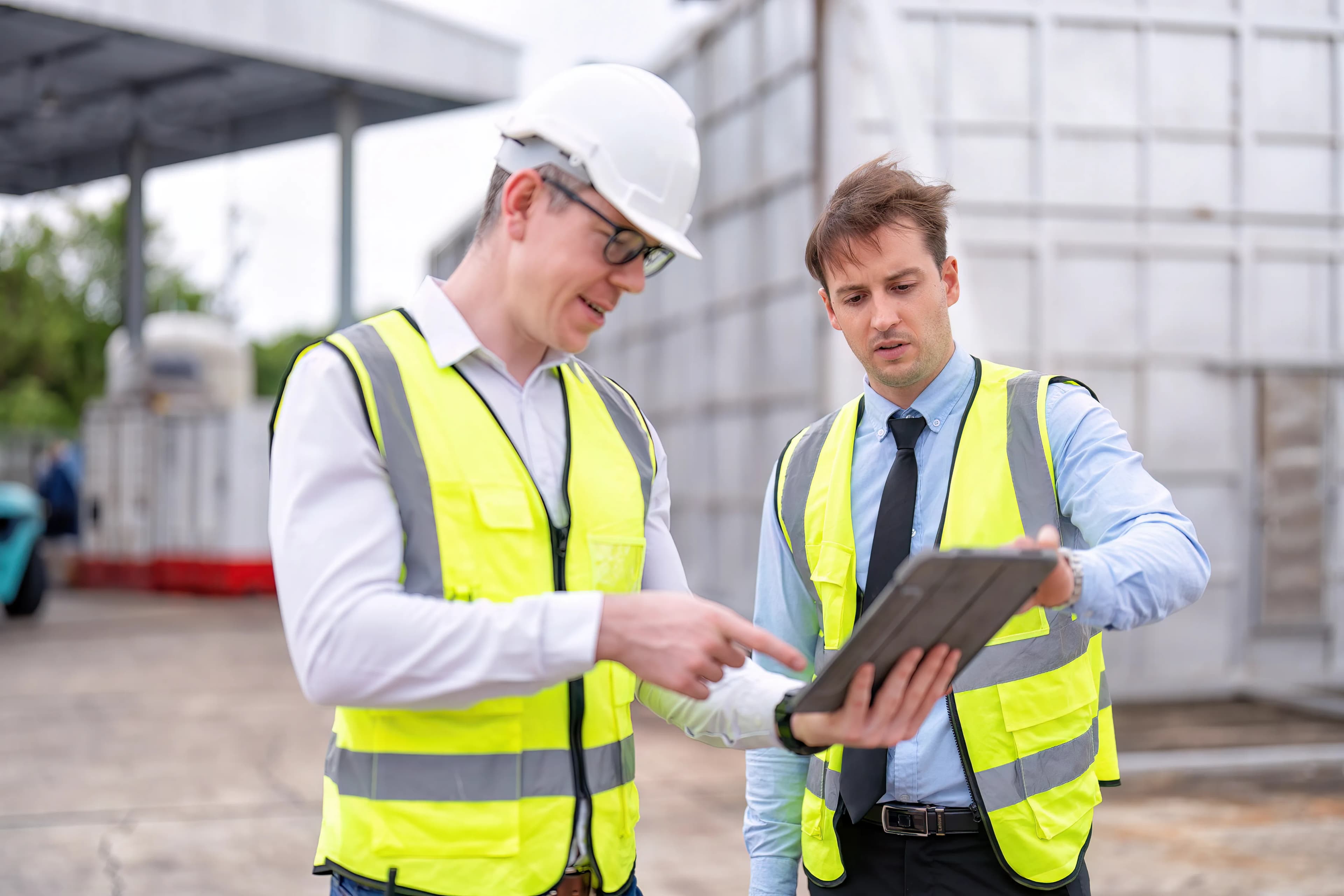Zwei Bauarbeiter besprechen sich vor einer Baustelle.
