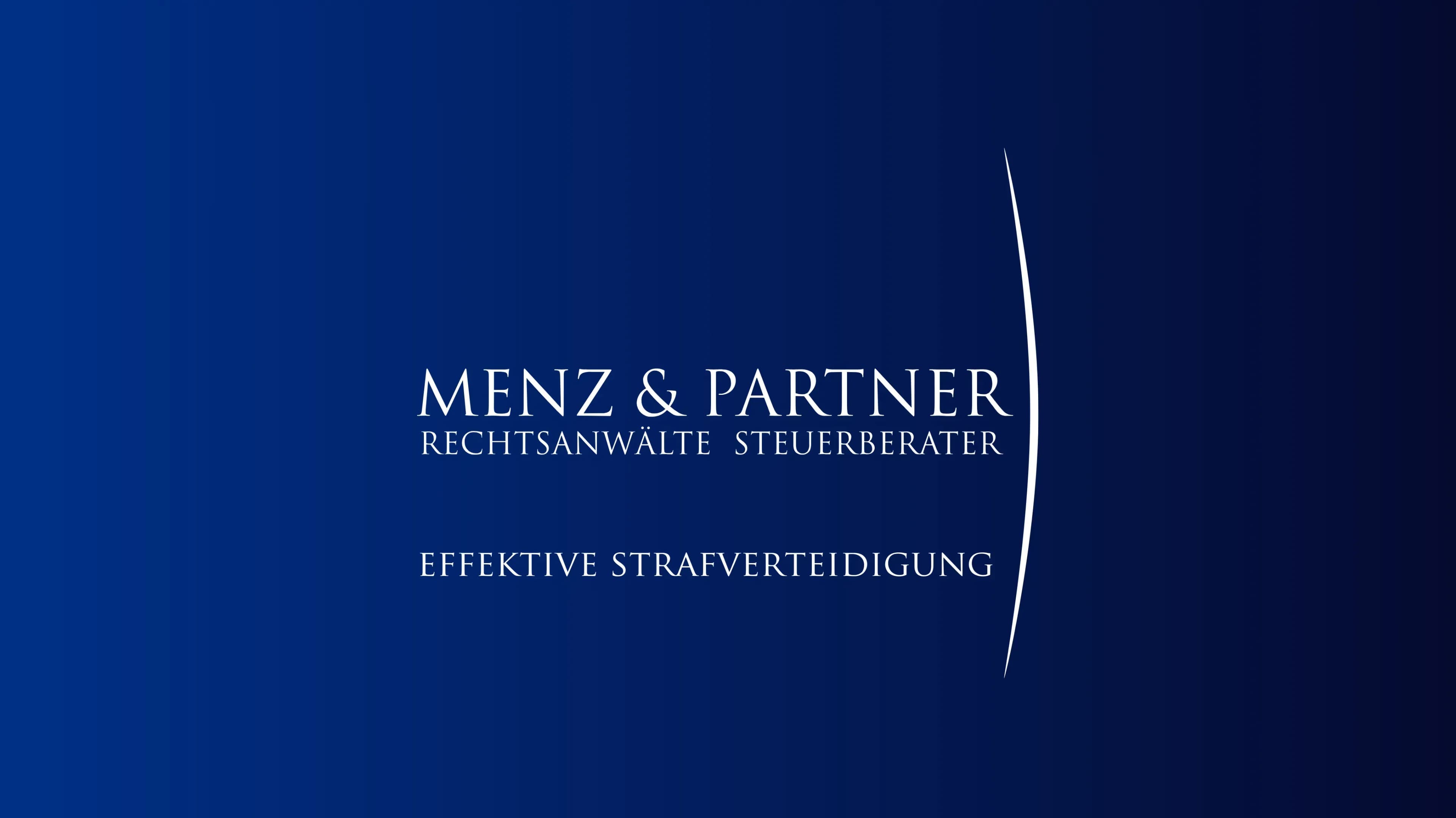 Logo der Kanzlei Menz und Partner auf blauem Hintergrund und Schrift: Effektive Strafverteidigung