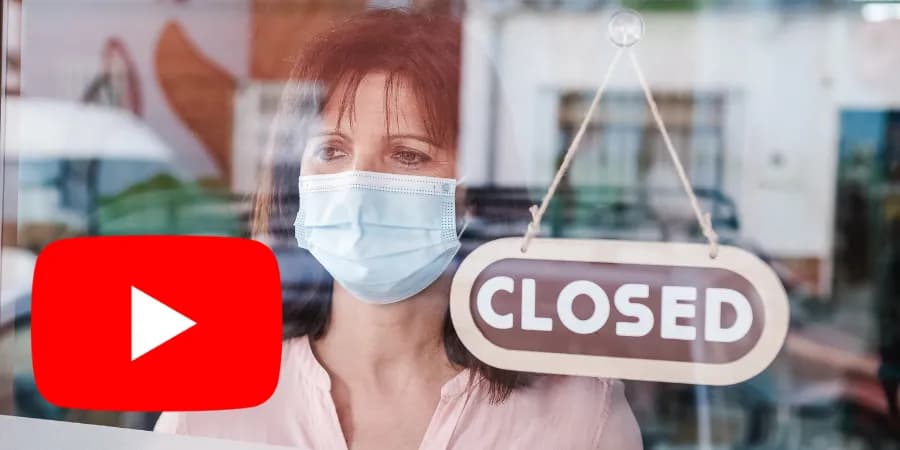 You-Tube-Logo und Frau mit Mundschutz und closed Schild