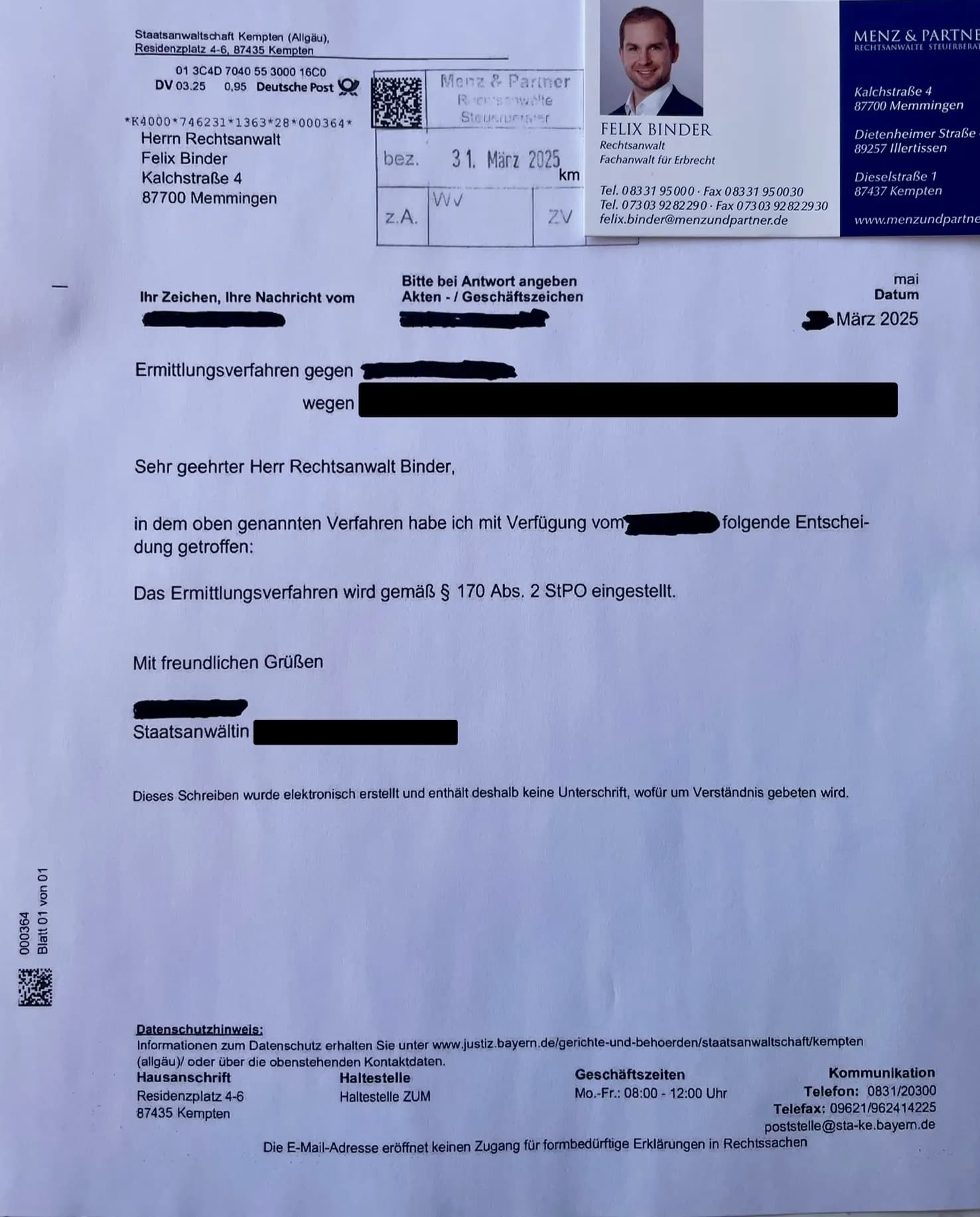 Einstellungsverfügung der Staatsanwaltschaft